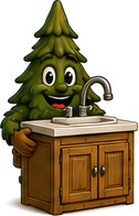 Tim the Tree standing beside a bathroom vanity