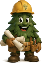 Tim the Tree wearing a hard hat and holding blueprints