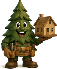 Tim the Tree presenting a small model house